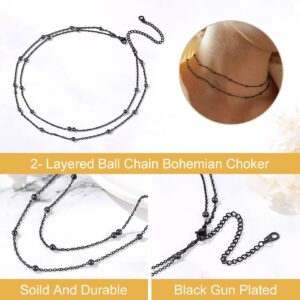 FOCALOOK Choker Necklace for Women Beaded Chain Double Layered Necklace Black Metal Boho Necklaces for Women