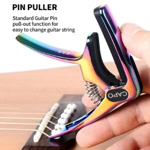 Guitar Capo, 3-in-1 multifunction capo for Acoustic and Electric Guitars (Free bonus 4 picks) with Pick Holder and Pin Puller, Guitar Accessories, Gradient colorful