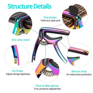 Guitar Capo, 3-in-1 multifunction capo for Acoustic and Electric Guitars (Free bonus 4 picks) with Pick Holder and Pin Puller, Guitar Accessories, Gradient colorful