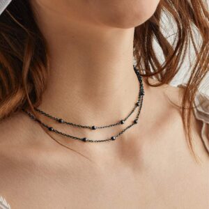 FOCALOOK Choker Necklace for Women Beaded Chain Double Layered Necklace Black Metal Boho Necklaces for Women