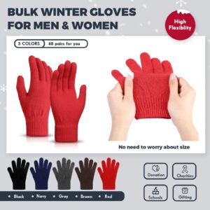 Tarpop 48 Pcs Winter Gloves Bulk Knit Winter Gloves for Women Men Cold Weather Gloves for Homeless Stretchy Cloth Gloves (Multi Color)