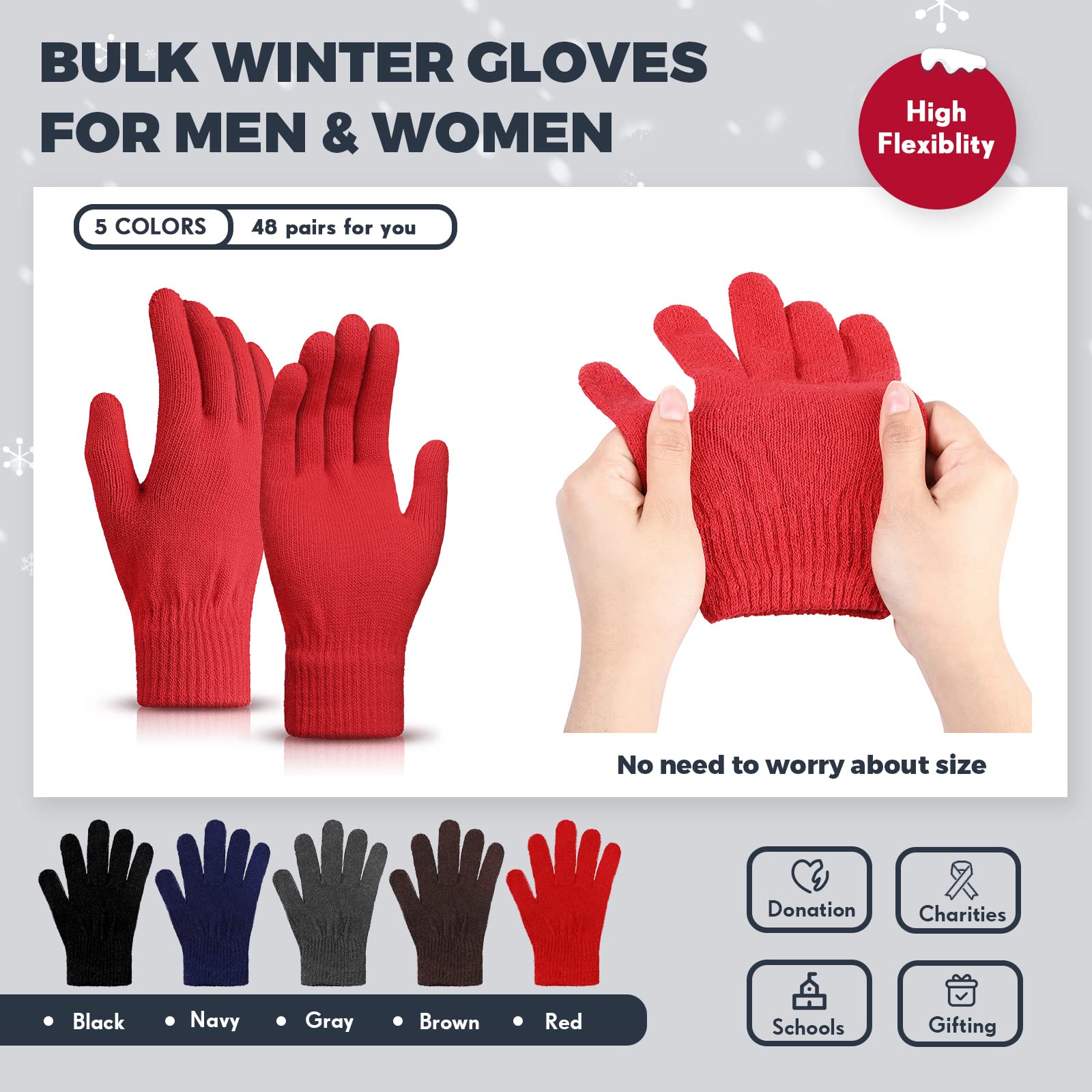 Tarpop 48 Pcs Winter Gloves Bulk Knit Winter Gloves for Women Men Cold Weather Gloves for Homeless Stretchy Cloth Gloves (Multi Color)