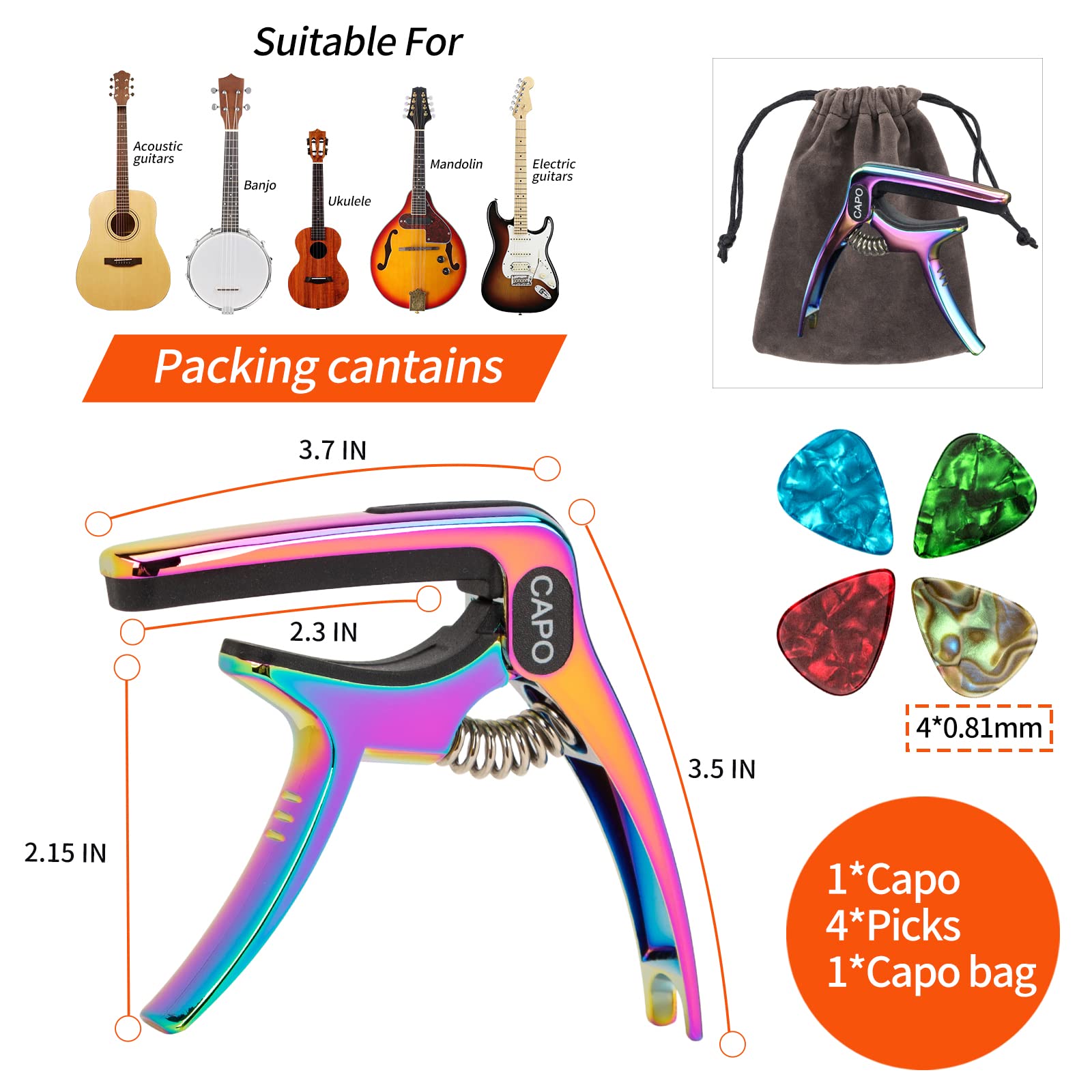 Guitar Capo, 3-in-1 multifunction capo for Acoustic and Electric Guitars (Free bonus 4 picks) with Pick Holder and Pin Puller, Guitar Accessories, Gradient colorful