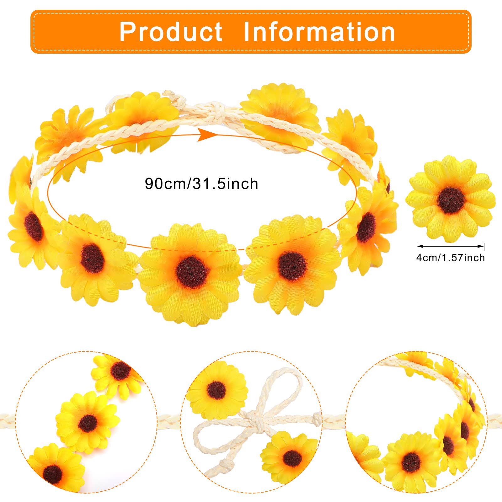 16 Pieces Sunflower Headbands for Women Yellow Daisy Headbands Flower Crowns Hippie Hair Accessories Sunflower Crowns Party Favor for Wedding Bridal Shower Festivals Photo Props Women Girls Baby