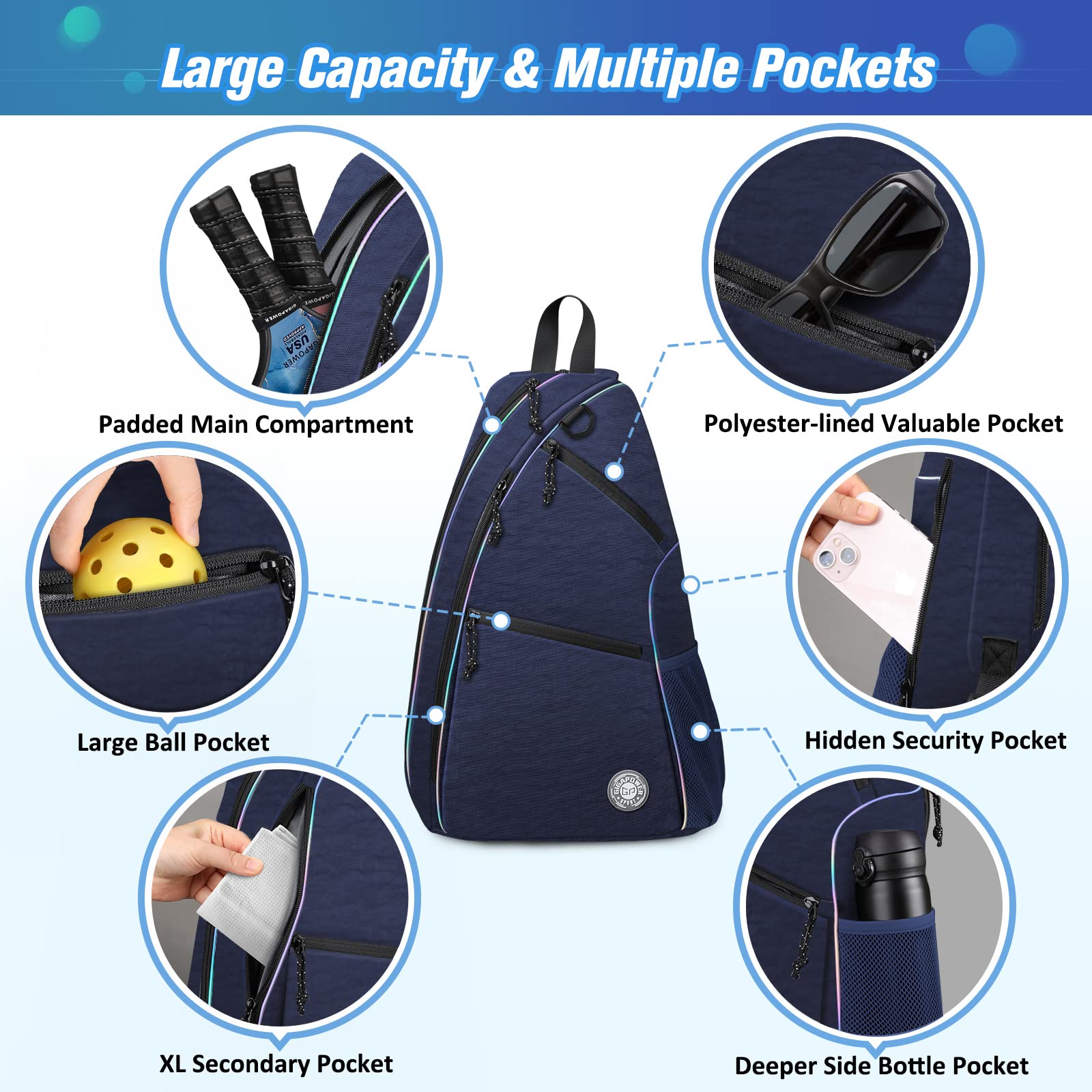 GIGAPOWER Pickleball Bag | Men's and Women's Pickleball Backpack | Adjustable Sling Bag | Reversible Crossbody Sports Backpack with Colorful Light Reflective, Navy