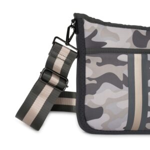 Haute Shore - Jeri Safari Crossbody Tote, Green Camo W/Black & Gold Stripe