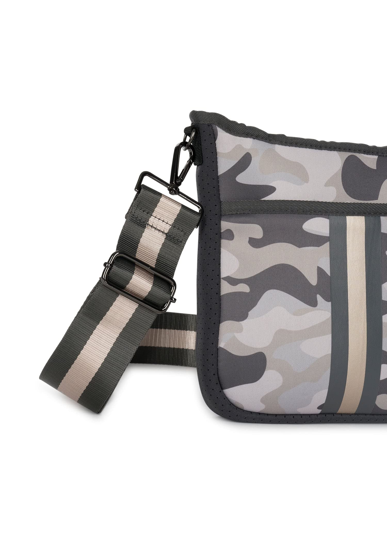 Haute Shore - Jeri Safari Crossbody Tote, Green Camo W/Black & Gold Stripe