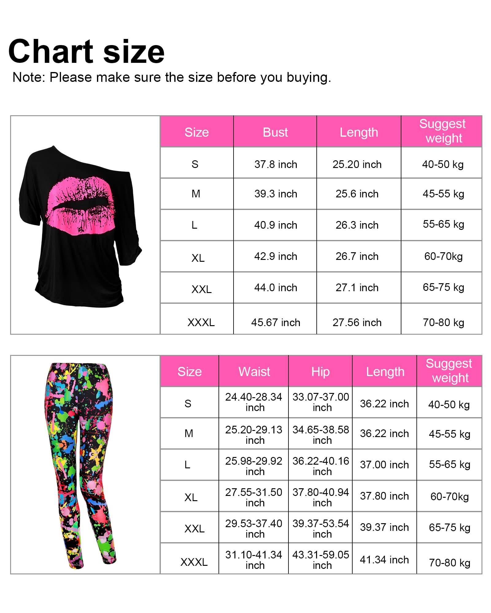 Blulu 80s Women Costume Set, T Shirt, Legging Pants Earring Necklace Gloves Bracelet（3X-Large,ShortSleeveSprayPrinting）