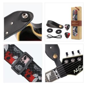 Skull Guitar Strap, Jacquard Weave Embroidered Guitar Straps, Includes Strap Button & 2 Unique Picks & 2 Strap Locks. For Bass, Electric & Acoustic Guitars. Best Gift for Men & Women Guitarists