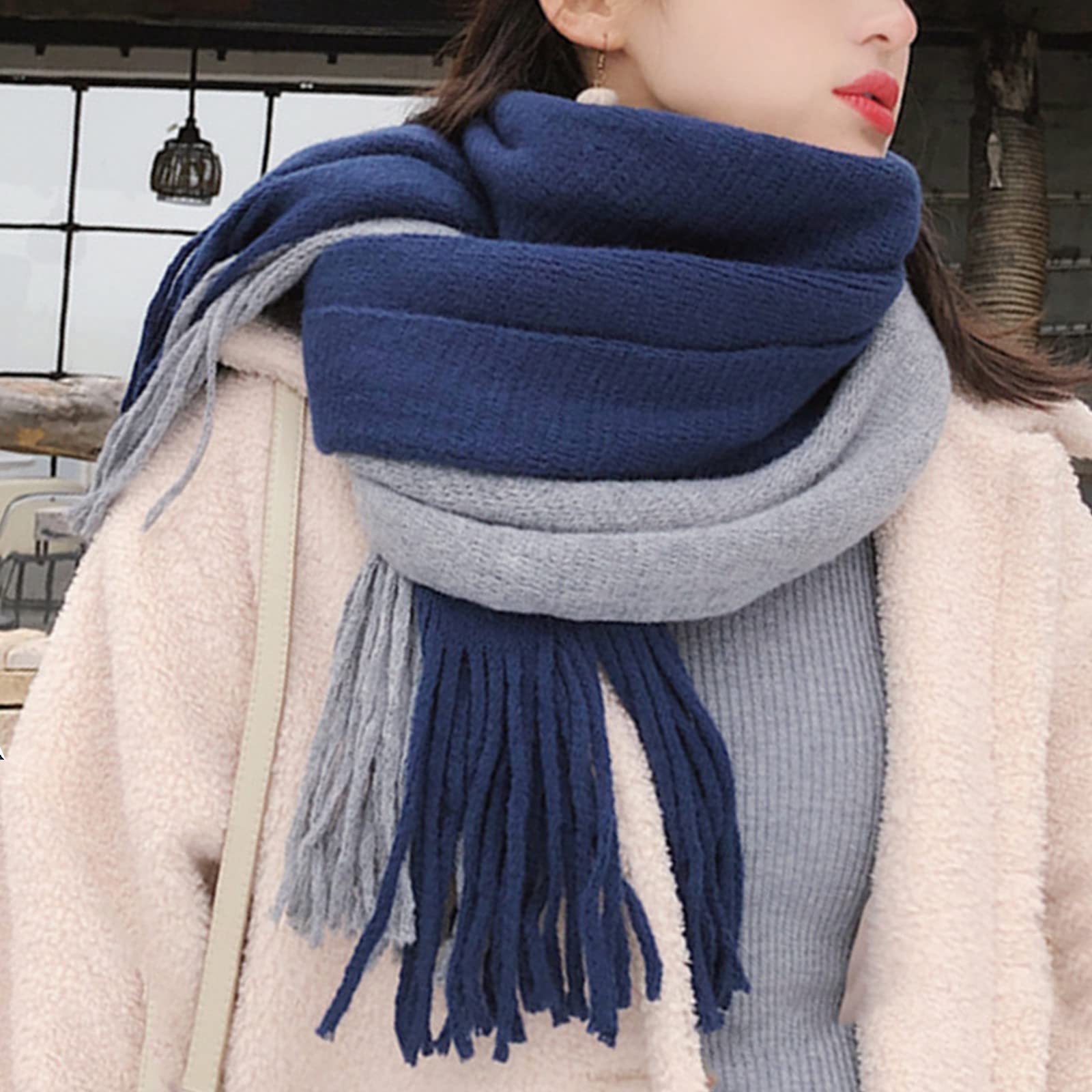 Women Winter Warm Scarf Tassel Soft Wrap Winter Thermal Long Shawl (Blue, One Size)