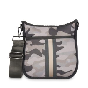 Haute Shore - Jeri Safari Crossbody Tote, Green Camo W/Black & Gold Stripe