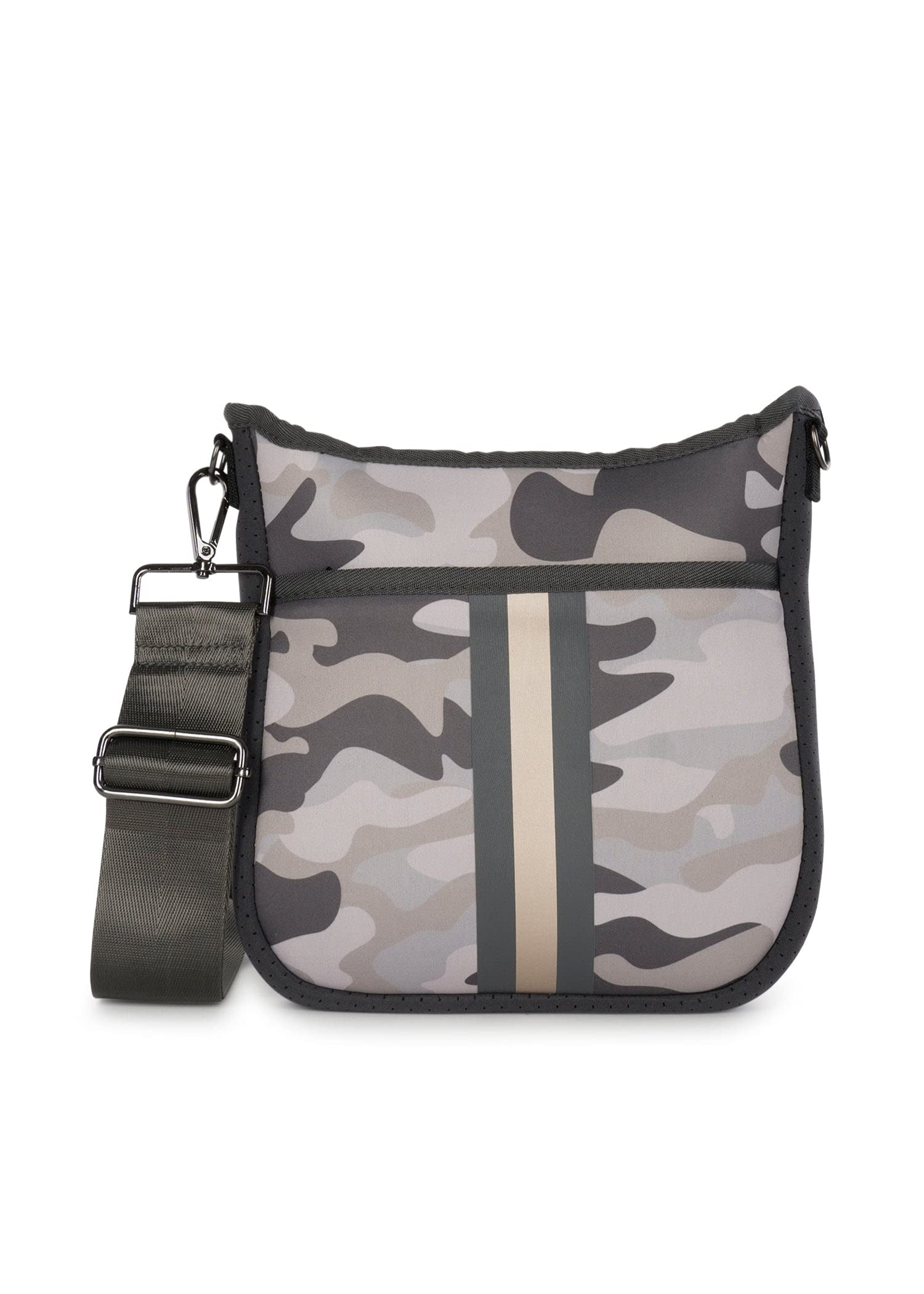 Haute Shore - Jeri Safari Crossbody Tote, Green Camo W/Black & Gold Stripe