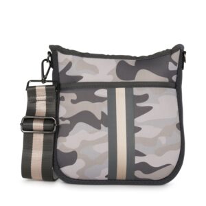 Haute Shore - Jeri Safari Crossbody Tote, Green Camo W/Black & Gold Stripe