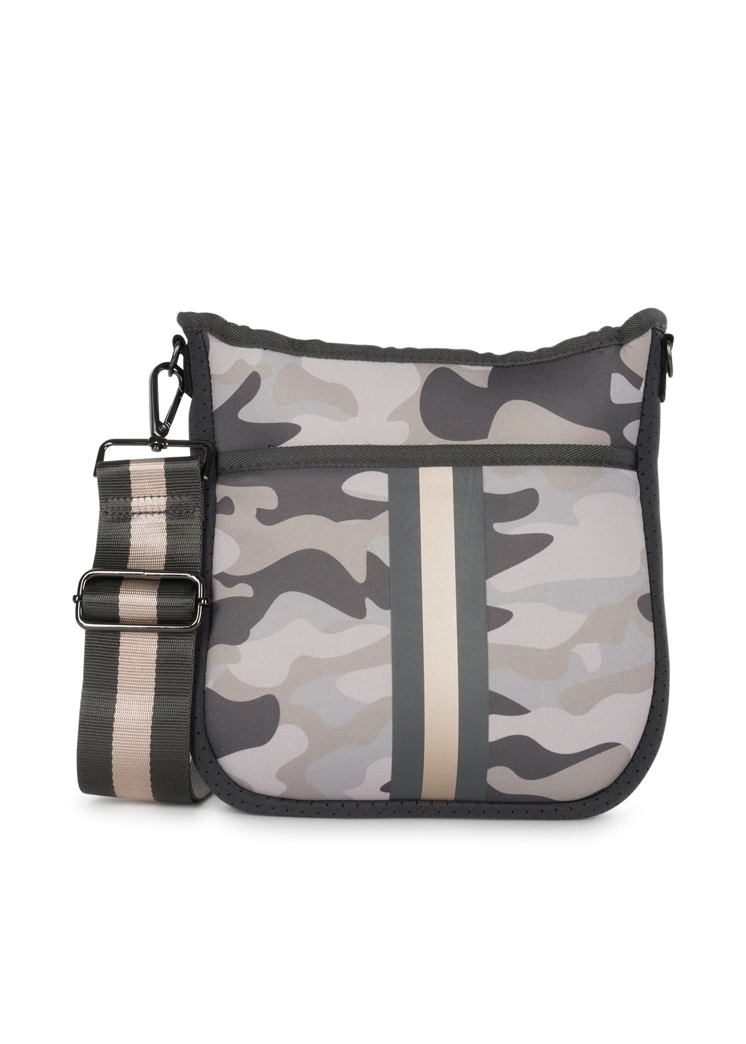 Haute Shore - Jeri Safari Crossbody Tote, Green Camo W/Black & Gold Stripe