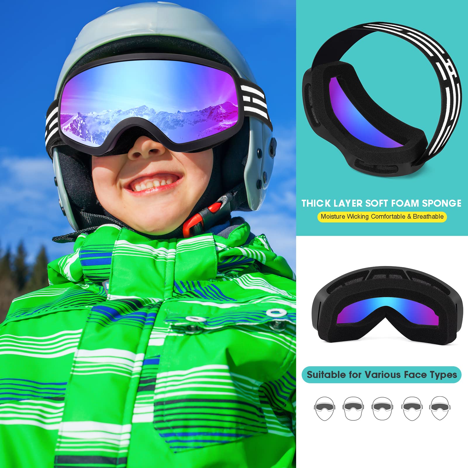 EasYoung Kids Ski Goggles Snowboard Goggles for Children, Youth, Boys & Girls 3-15