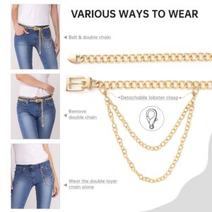 Linawe Gold Chain Belt for Women Dresses Plus Size 52" Large Jeweled Belts Waist Belly Body Jewelry Metal Buckle Thin Rope String for Jeans Pants Fashion Goth Costume Accessories Gift for Mom Wife Her