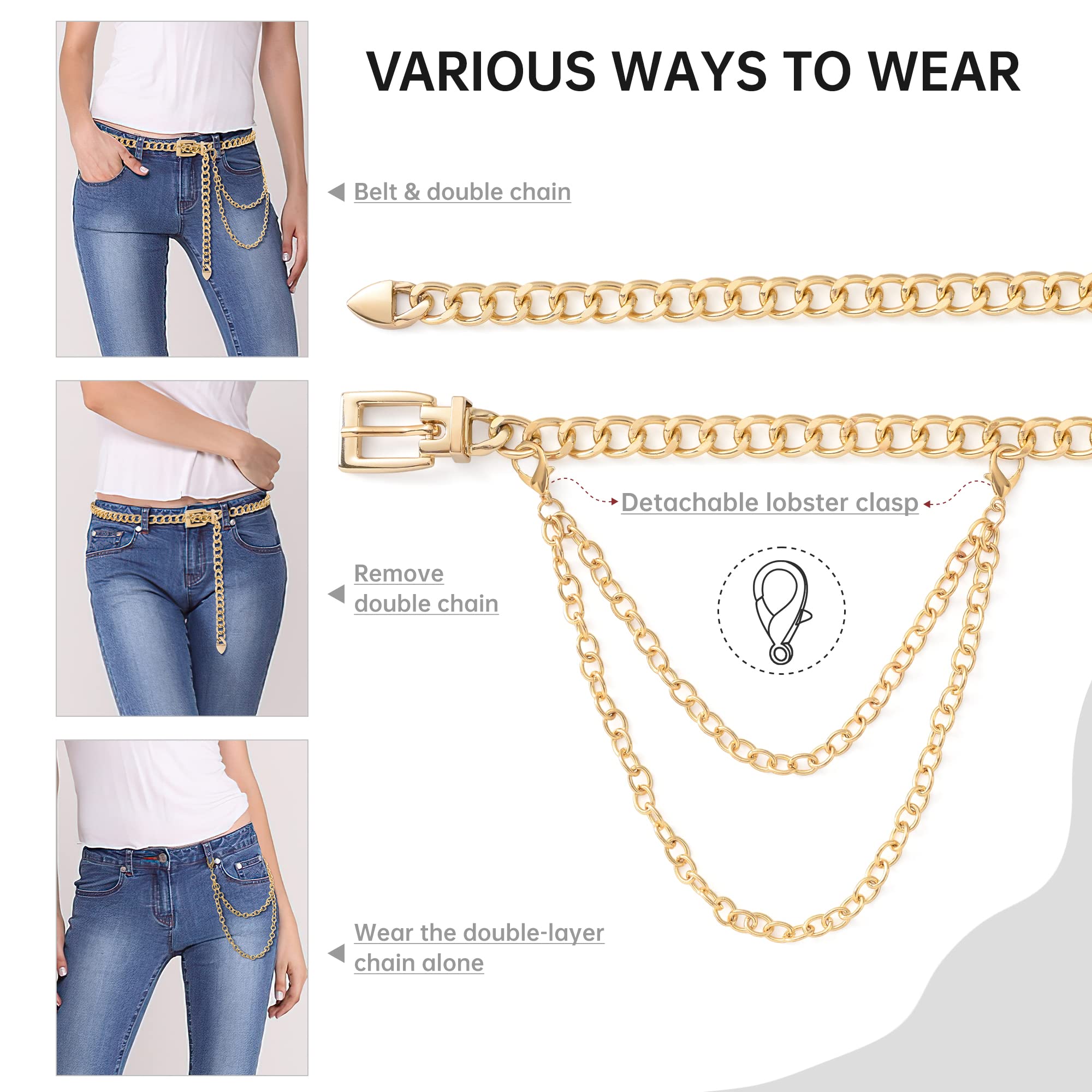 Linawe Gold Chain Belt for Women Dresses Plus Size 52" Large Jeweled Belts Waist Belly Body Jewelry Metal Buckle Thin Rope String for Jeans Pants Fashion Goth Costume Accessories Gift for Mom Wife Her