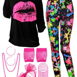 Blulu 80s Women Costume Set, T Shirt, Legging Pants Earring Necklace Gloves Bracelet（3X-Large,ShortSleeveSprayPrinting）