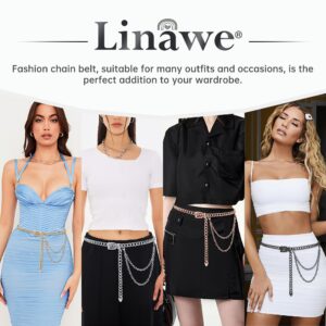 Linawe Silver Belt for Women Dress Waist Chain Accessory Jeweled Belts Thin Rope String Body Belly Fashion Jewelry for Jeans Pants Metal Pin Buckle Goth Sexy Costume Accessories Gift for Mom Wife Her