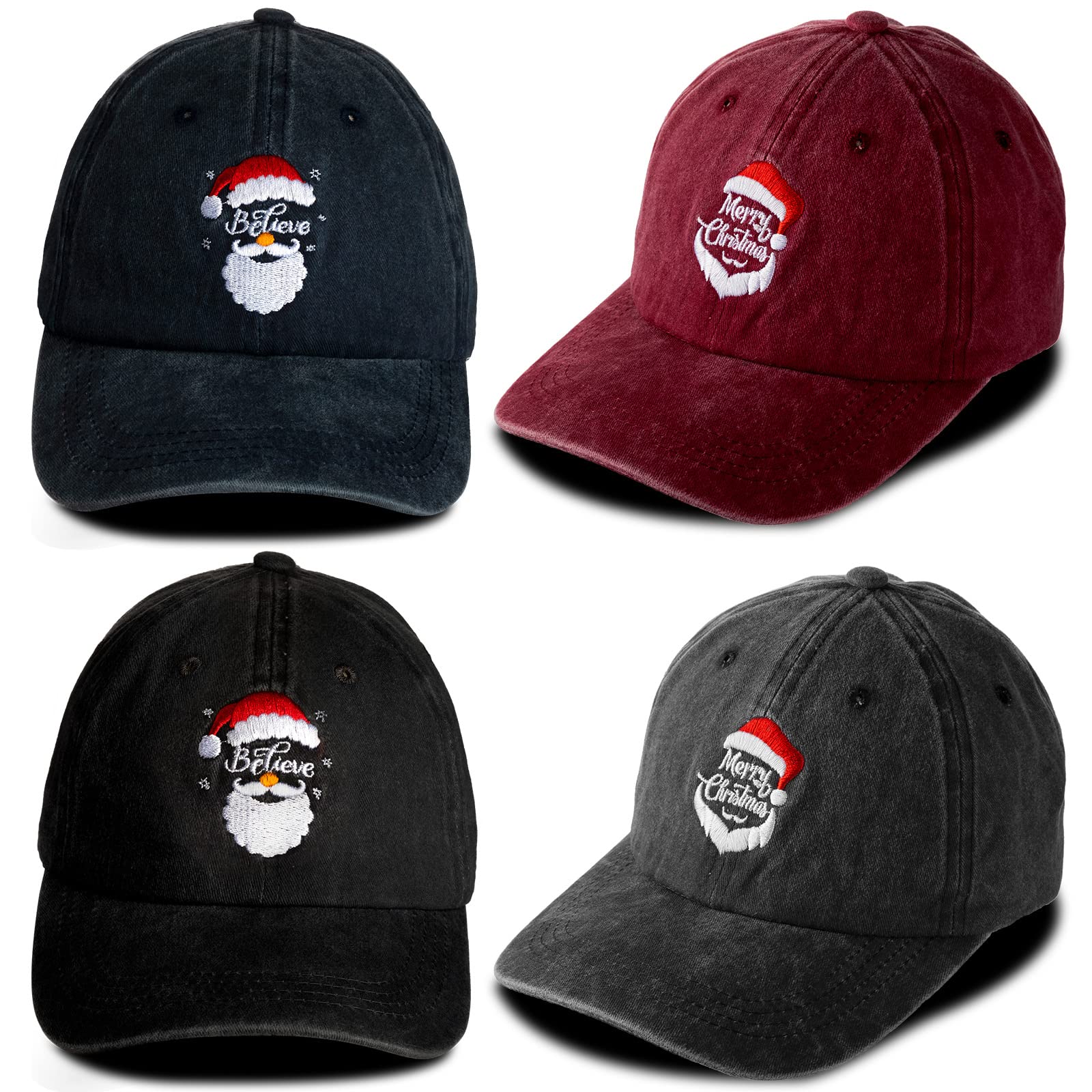 4 Pcs Christmas Hat Christmas Baseball Cap Embroidered Santa Hat Adjustable Washed Funny Baseball Cap for Men Women