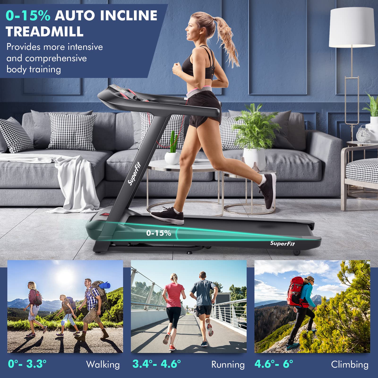 Goplus 4.75HP Folding Treadmill with 15% Auto Incline, Electric Superfit Treadmill w/Voice and APP Control, 20 Preset Programs, LED Touch Screen, Walking Jogging Running Machine for Home Office