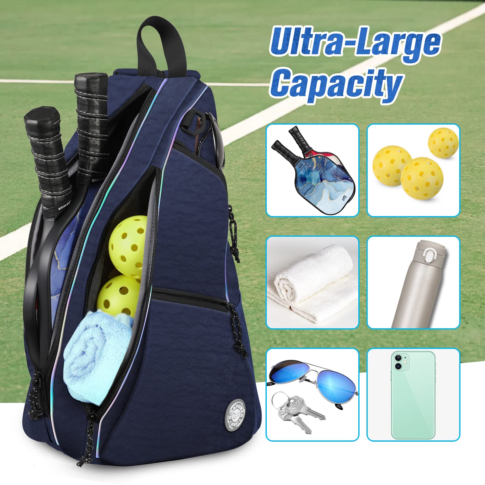 GIGAPOWER Pickleball Bag | Men's and Women's Pickleball Backpack | Adjustable Sling Bag | Reversible Crossbody Sports Backpack with Colorful Light Reflective, Navy