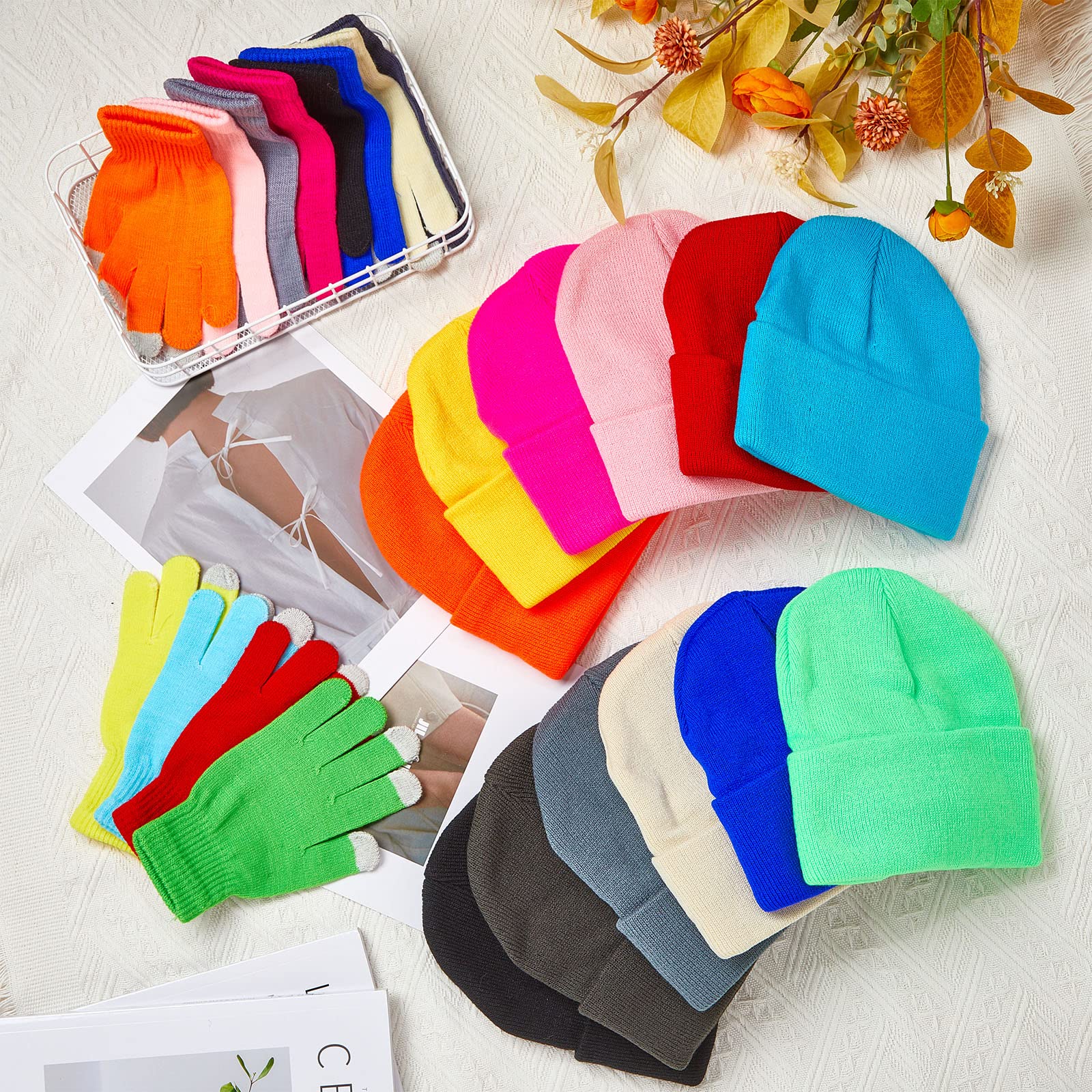 48 Pcs Bulk Winter Knit Beanies Gloves Men Women Warm Beanie Touchscreen Gloves Set Cozy Winter Accessories (Bright Color)