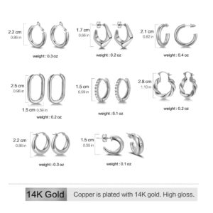 8 Pairs Delicate Gold Hoop Earrings Set for Women, 14K Gold Plated Lightweight Hypoallergenic earrings