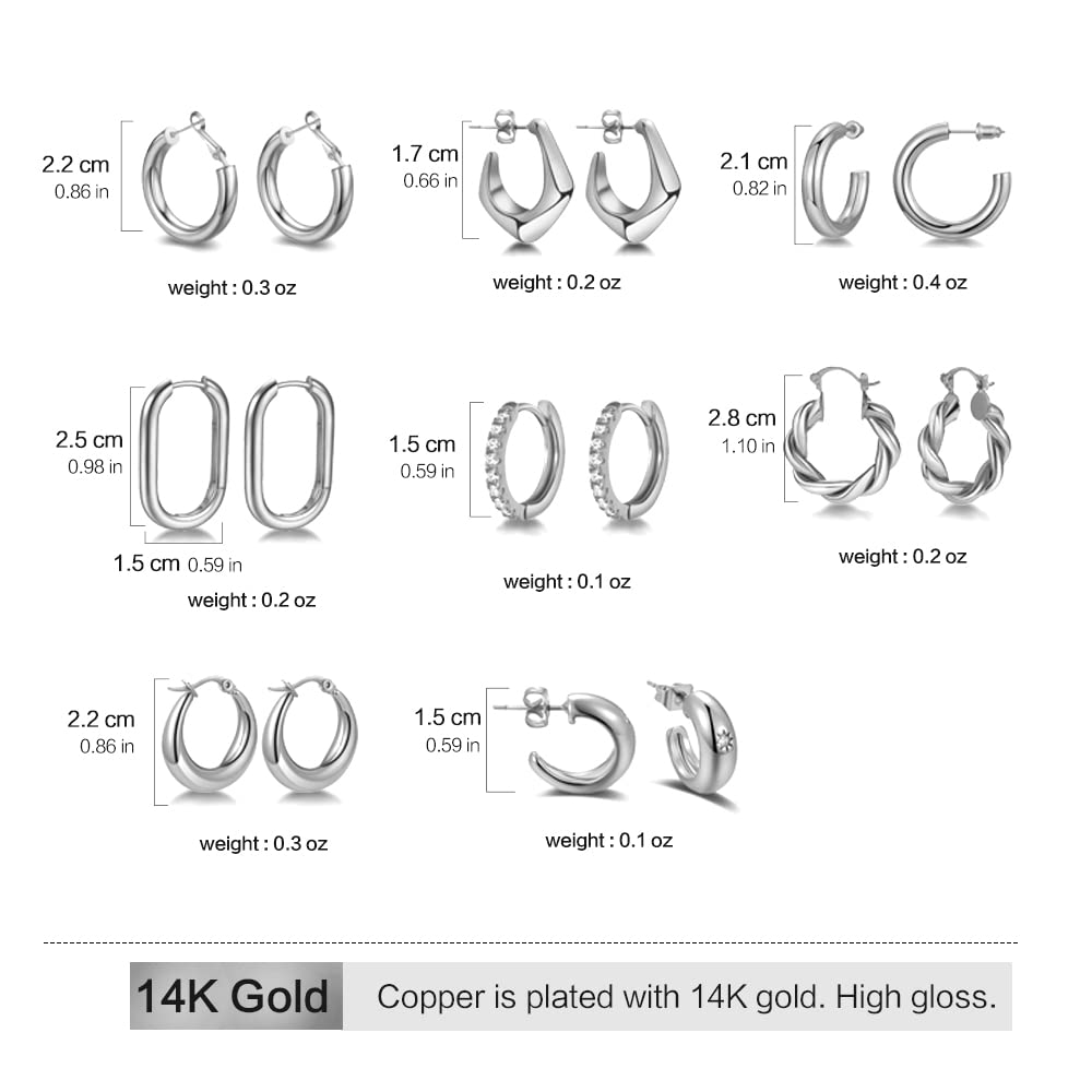 8 Pairs Delicate Gold Hoop Earrings Set for Women, 14K Gold Plated Lightweight Hypoallergenic earrings