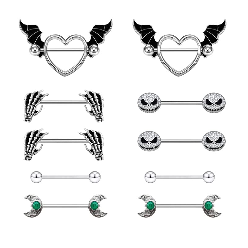 FLOGWE 14G 316L Devil Heart Nipple Rings Halloween Stainless Steel Skull Bat Nipple Barbells Body Pierced Jewelry for Women Men