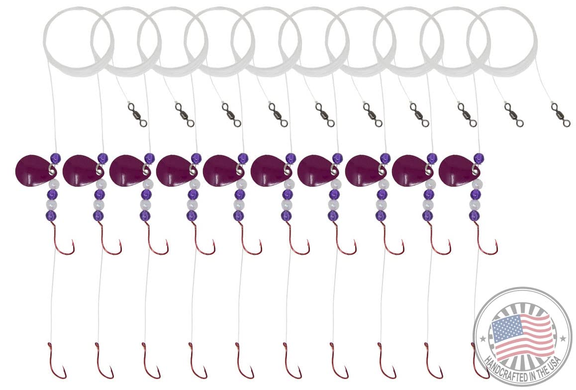 Tooth Shield Tackle 10 Pack Walleye Crawler Harness Spinner Rig #2 Fluorescent Series Colorado Blade Perch Bass Trout Spinner Rigs (Fluorescent Purple)