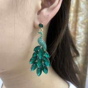 Vintage Peacock Dangle Earrings for Women Girls 14K Gold Plated Green Crystal Feather Peafowl Statement Drop Dangling Stud Earring Boho Exaggerated Birthday Holiday Jewelry Gifts (Green)