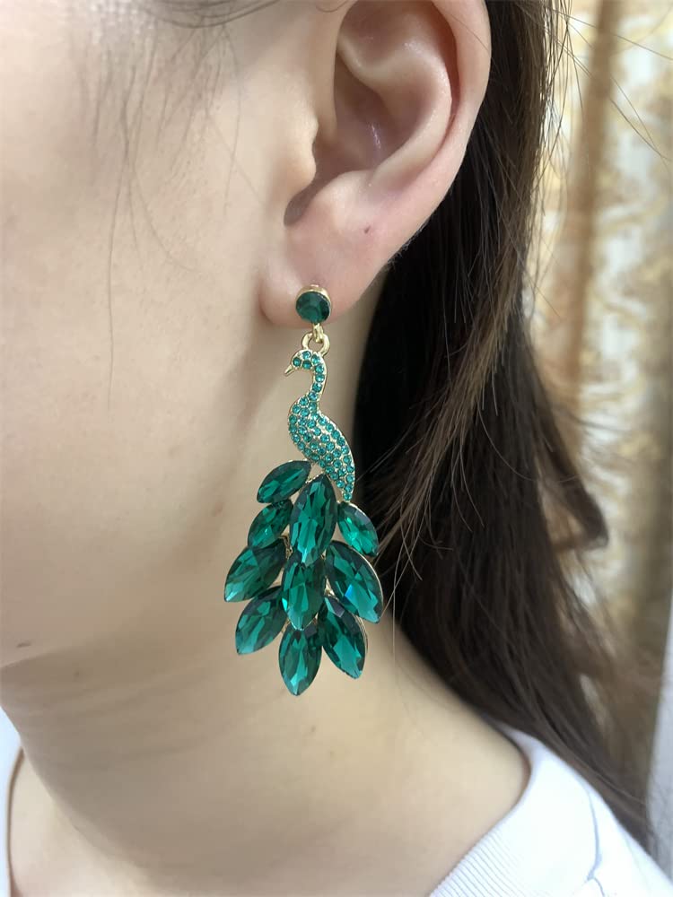 Vintage Peacock Dangle Earrings for Women Girls 14K Gold Plated Green Crystal Feather Peafowl Statement Drop Dangling Stud Earring Boho Exaggerated Birthday Holiday Jewelry Gifts (Green)