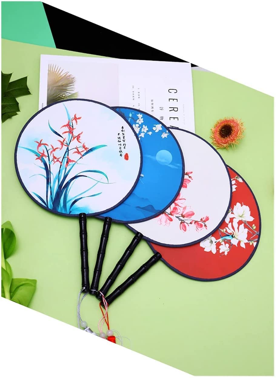 Folding Hand Fan Folding Fan Handheld Folded Fan Double-Sided Circular Fan Chinese Ancient Style Long Handle Tassel Han Chinese Clothing Cheongsam Foldable Fan Hand Held Fans