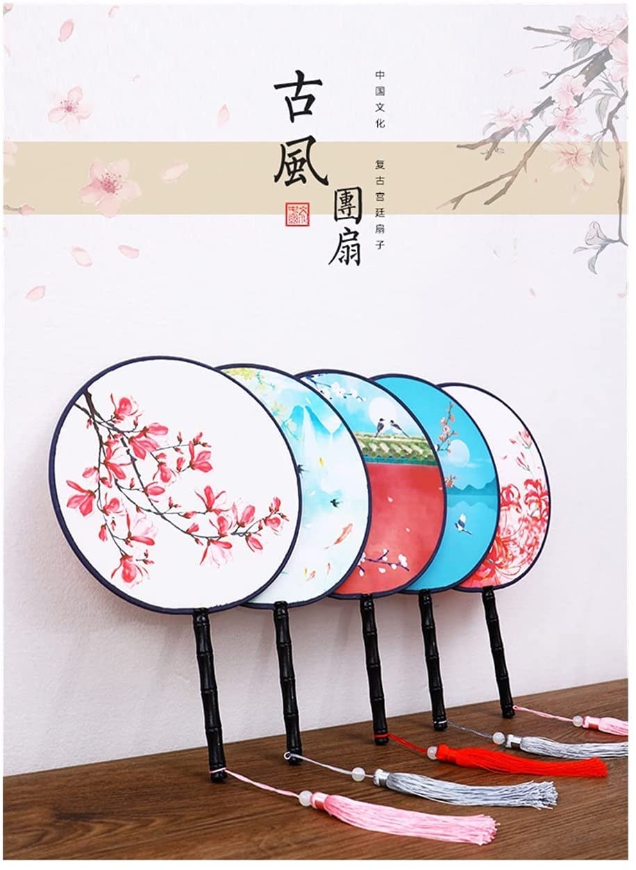 Folding Hand Fan Folding Fan Handheld Folded Fan Double-Sided Circular Fan Chinese Ancient Style Long Handle Tassel Han Chinese Clothing Cheongsam Foldable Fan Hand Held Fans