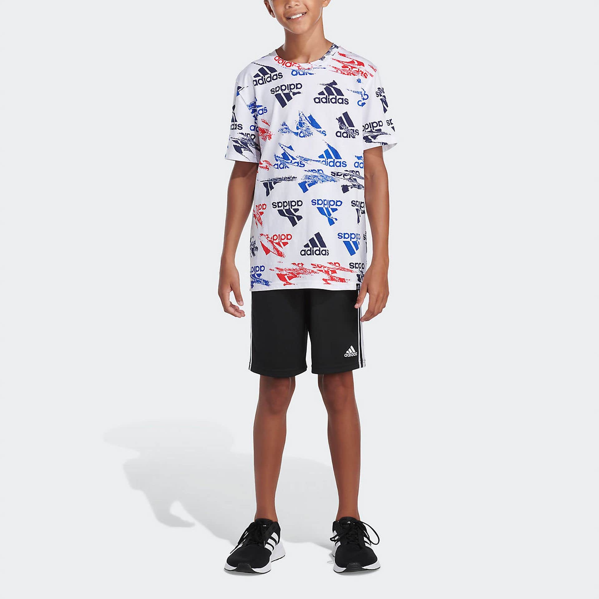 adidas Boys’ Glitchy Allover Print T-Shirt (Large, White/Multi)