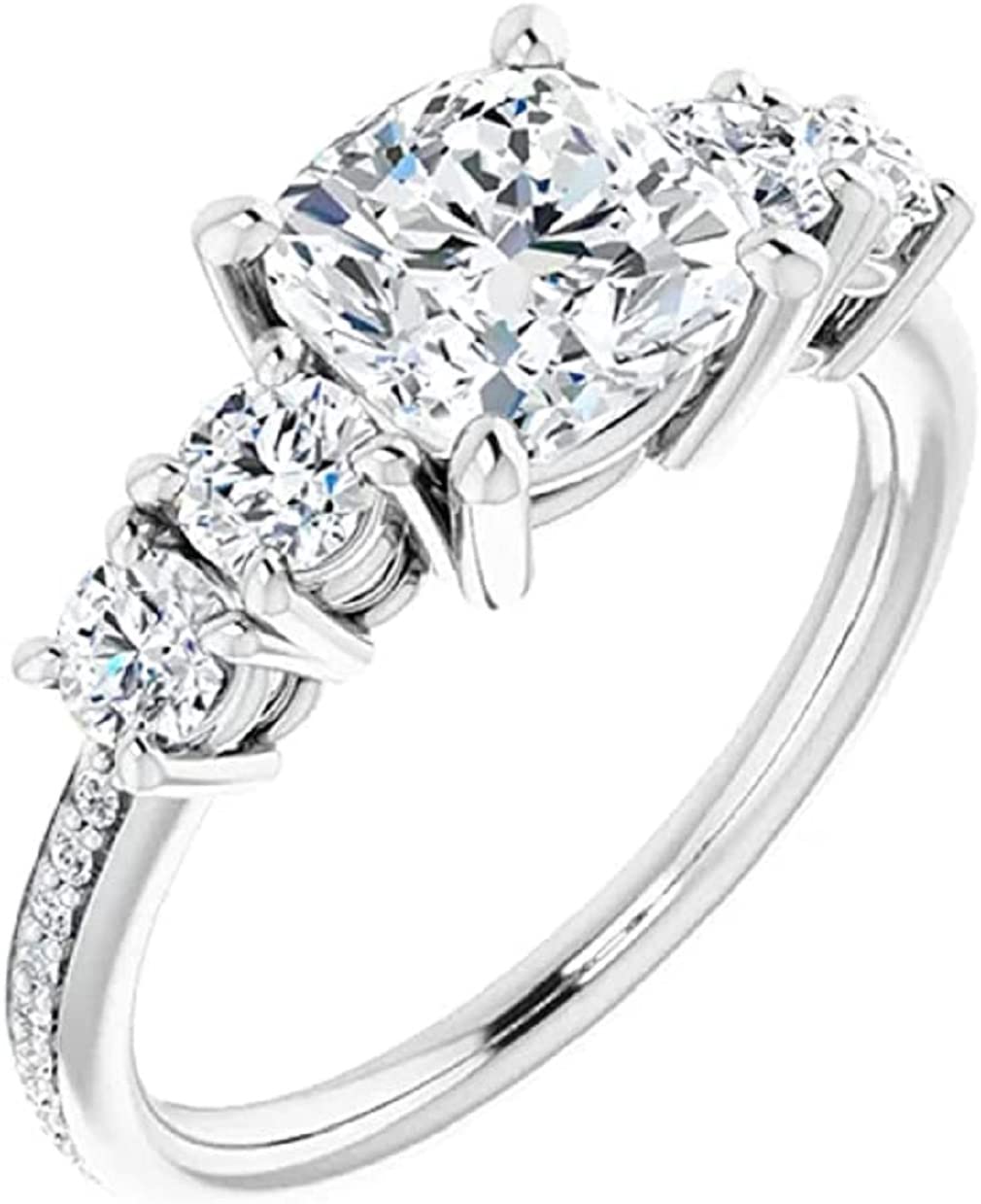 Moissanite World Cushion Cut 3.00Ct, VVS1 Clarity, Moissanite Diamond, 925 Sterling Silver Ring, Five Stone Promise Ring, Bridal Ring, Engagement Ring, Party Jewelry (5.5)