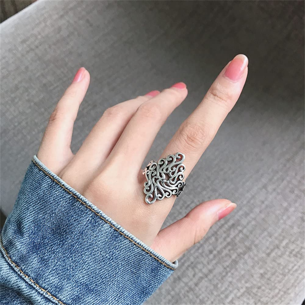 Dtja Filigree Vintage Statement Ring for Women Oxidized Boho Expandable Adjustable Totem Flower Leaves Open Wide Wrap Finger Rings Comfort Fit Bohemian Jewelry