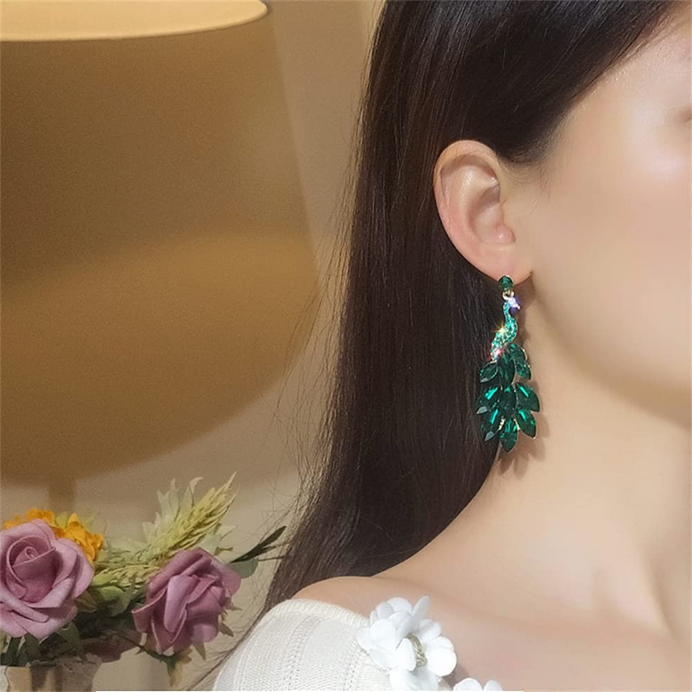 Vintage Peacock Dangle Earrings for Women Girls 14K Gold Plated Green Crystal Feather Peafowl Statement Drop Dangling Stud Earring Boho Exaggerated Birthday Holiday Jewelry Gifts (Green)