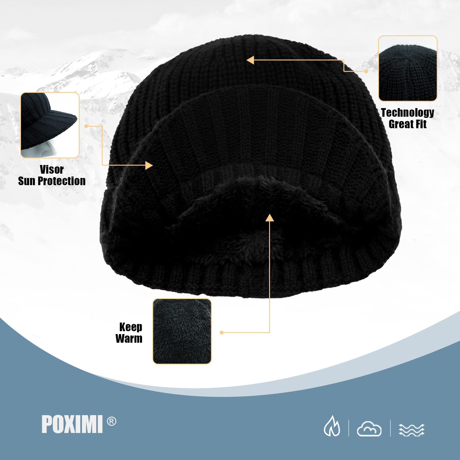 POXIMI Men Knit Hat Women Winter Beanies Warm Newsboy Hats with Brim Thick Cap Fleece Lined (Black)