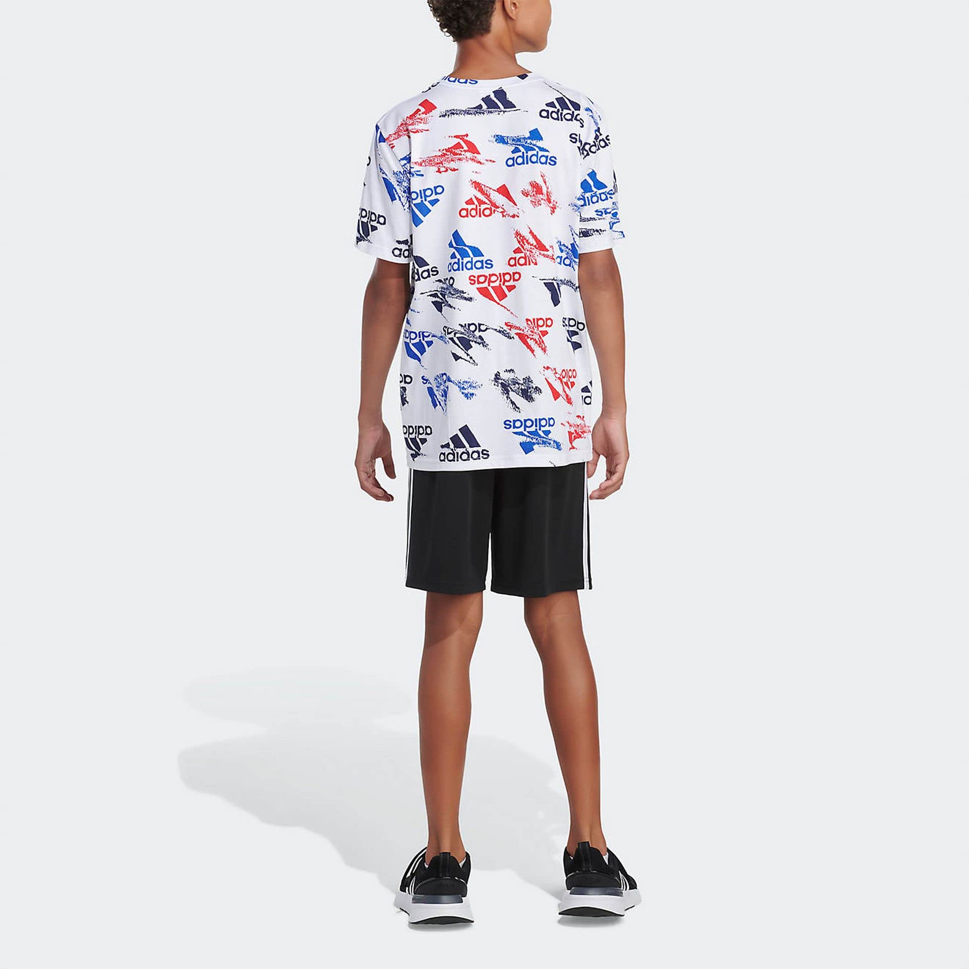 adidas Boys’ Glitchy Allover Print T-Shirt (Medium, White/Multi)