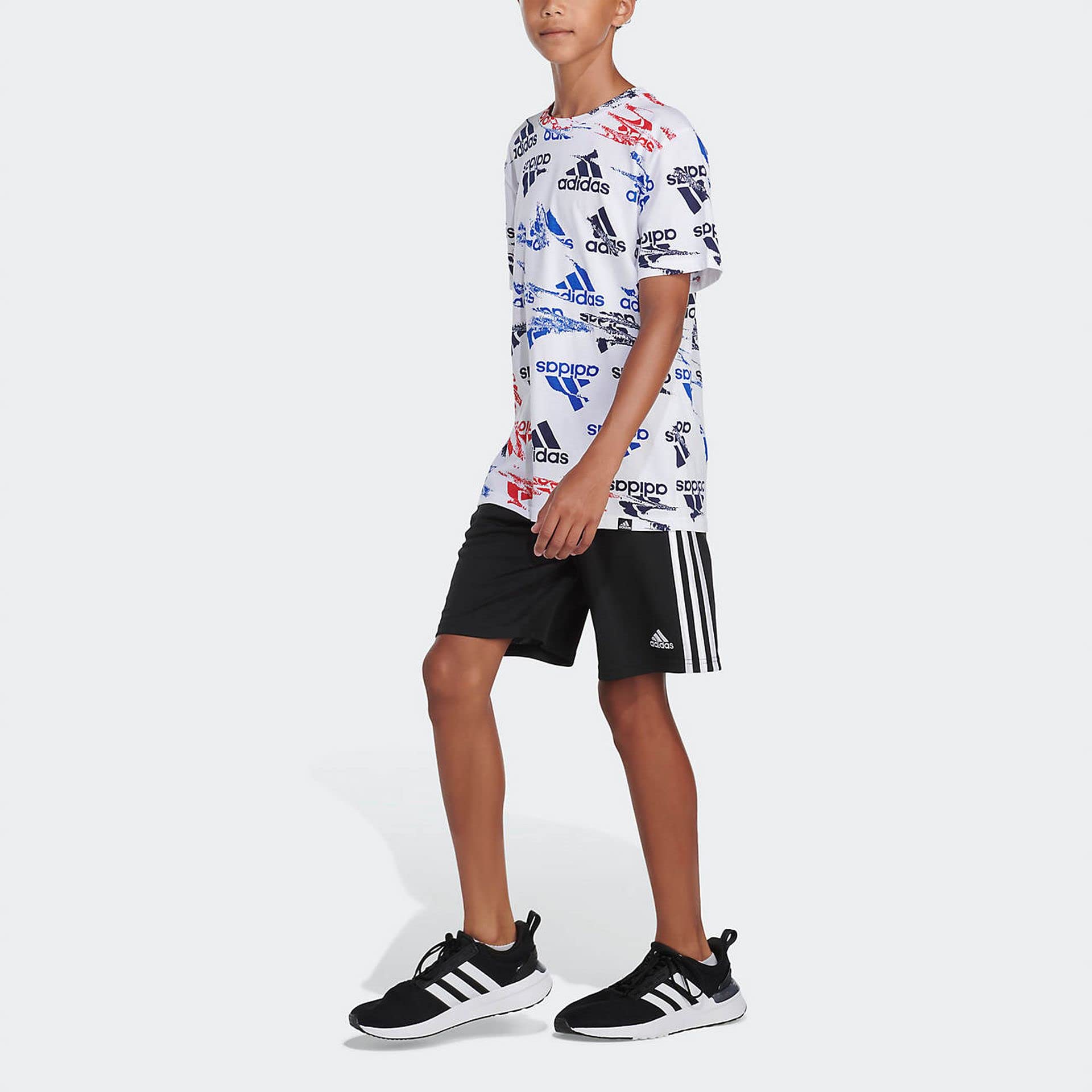 adidas Boys’ Glitchy Allover Print T-Shirt (Medium, White/Multi)