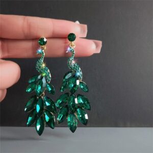 Vintage Peacock Dangle Earrings for Women Girls 14K Gold Plated Green Crystal Feather Peafowl Statement Drop Dangling Stud Earring Boho Exaggerated Birthday Holiday Jewelry Gifts (Green)