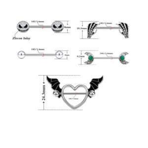 FLOGWE 14G 316L Devil Heart Nipple Rings Halloween Stainless Steel Skull Bat Nipple Barbells Body Pierced Jewelry for Women Men