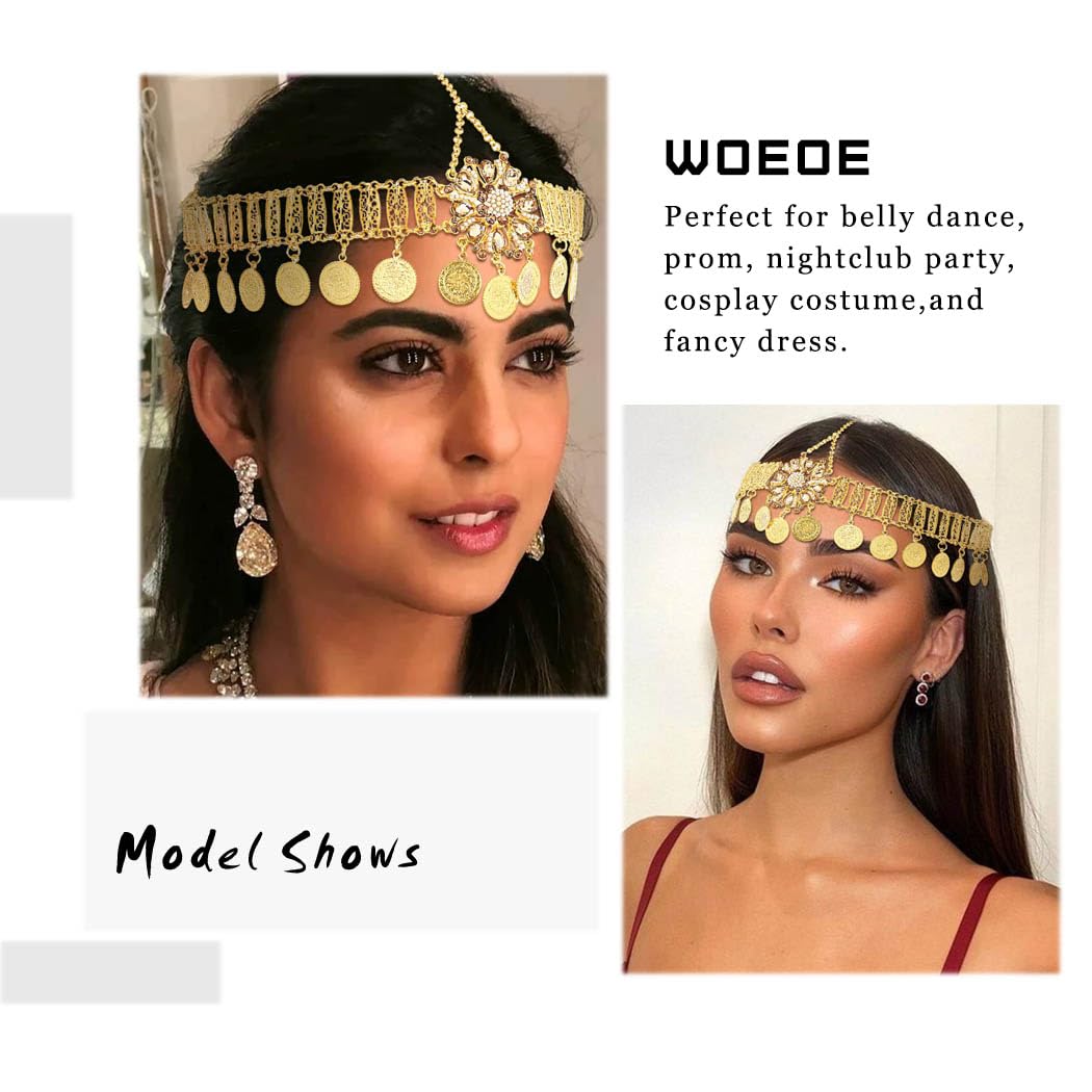 Woeoe Crystals Head Chain Jewelry Gold Retro Headpiece Coin Boho Vintage Belly Dance Prom Costume Hair Chains Accessories for Women