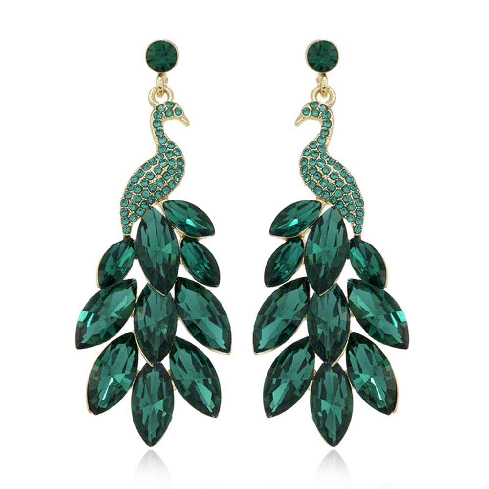 Vintage Peacock Dangle Earrings for Women Girls 14K Gold Plated Green Crystal Feather Peafowl Statement Drop Dangling Stud Earring Boho Exaggerated Birthday Holiday Jewelry Gifts (Green)