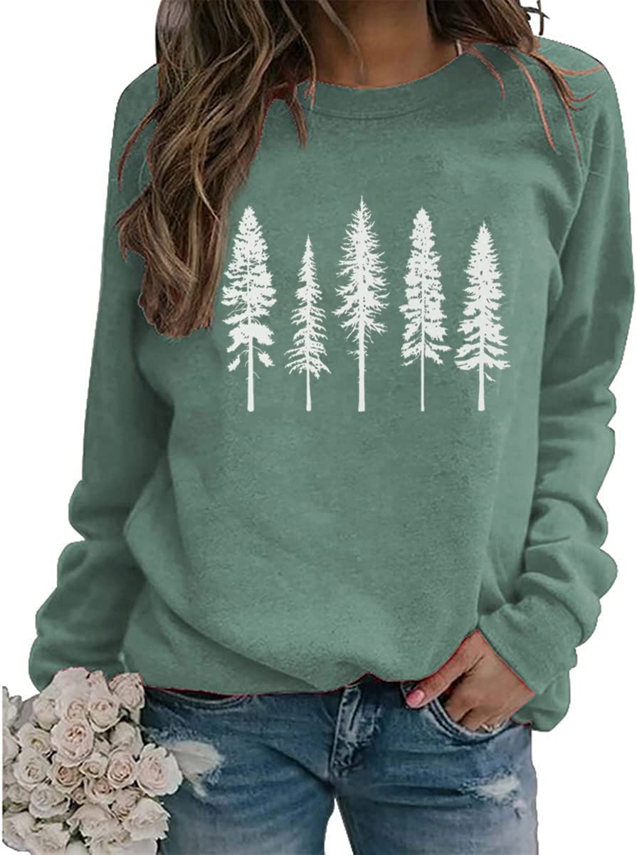 FCDIED Womens Funny Pine Tree Camping Sweatshirt Casual Fall Outdoor Hiking Pullover Travel Long Sleeve O-Neck Pullover Tops (L, Green)