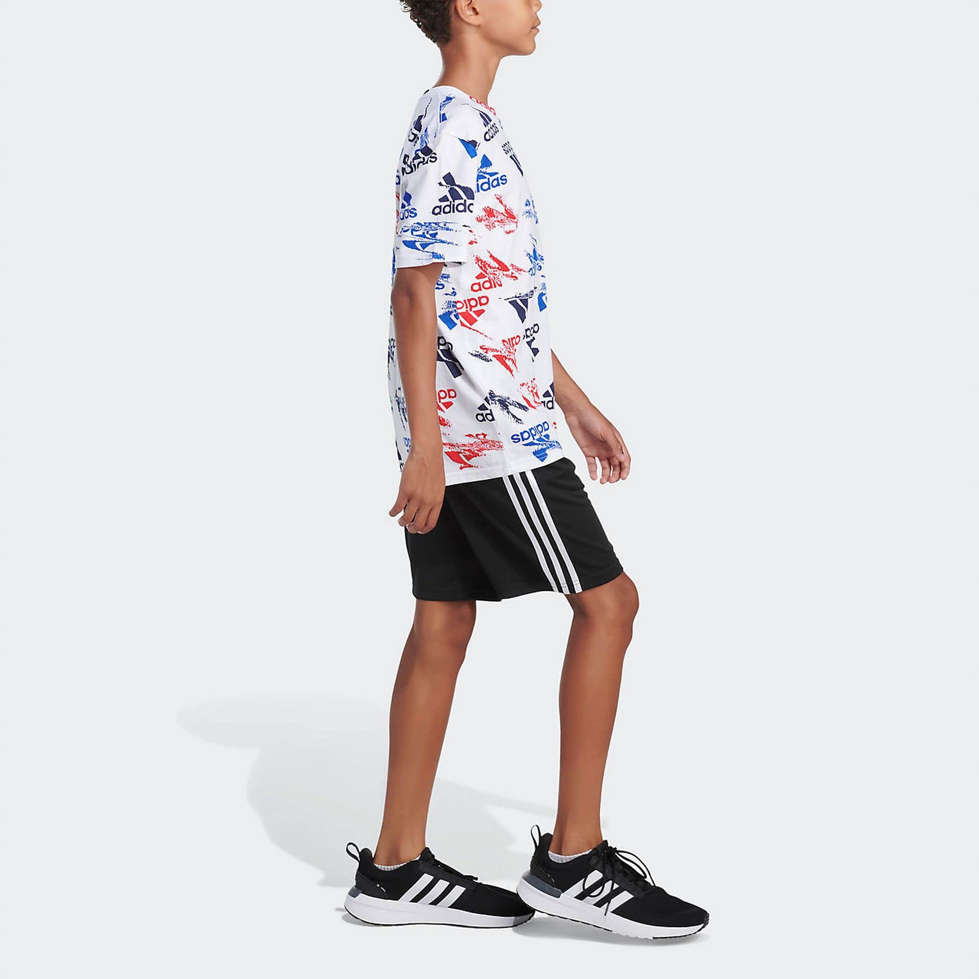 adidas Boys’ Glitchy Allover Print T-Shirt (Large, White/Multi)