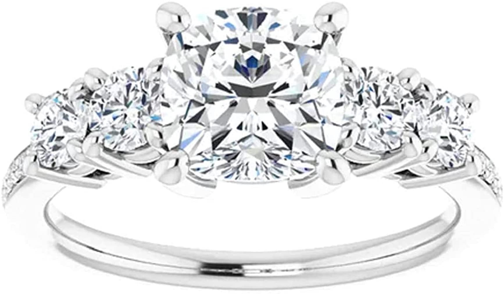 Moissanite World Cushion Cut 3.00Ct, VVS1 Clarity, Moissanite Diamond, 925 Sterling Silver Ring, Five Stone Promise Ring, Bridal Ring, Engagement Ring, Party Jewelry (5.5)