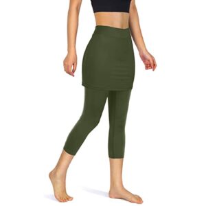 Legging Skirted Pockets Tennis Elastic Capris Women Yoga Skirts Sports Seamless Yoga Pants for Women Plus Size Army Green